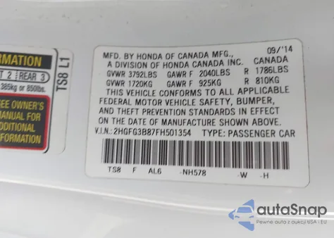 2015 Honda Civic Ex z USA, uszkodzony, nr VIN 2HGFG3B87FH501354